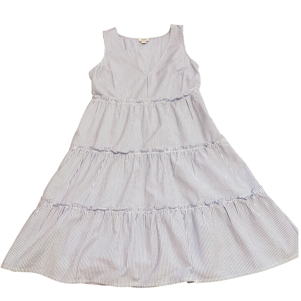 J.Crew Re-Imagined Seersucker Striped Tiered Midi Dress Blue White Pockets Sz 0